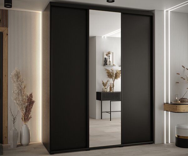 Šatní skříň s posuvnými dveřmi a zrcadlem DAVOS 190cm | Černá / černé pojezdy