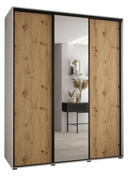 Šatní skříň s posuvnými dveřmi a zrcadlem DAVOS 190cm | Bílá / DUB Artisan / černé pojezdy