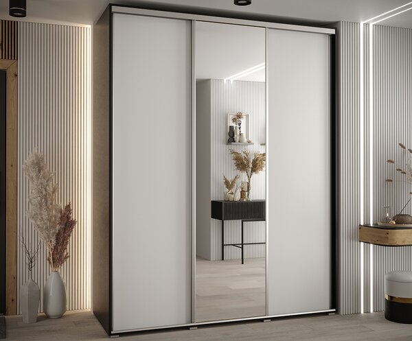 Šatní skříň s posuvnými dveřmi a zrcadlem DAVOS 190cm | Černá / bílá / stříbrné pojezdy