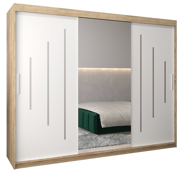 Šatní skříň s posuvnými dveřmi a dvoudílným zrcadlem YORK1 - 250x200cm -Dub Sonoma-Bílá-