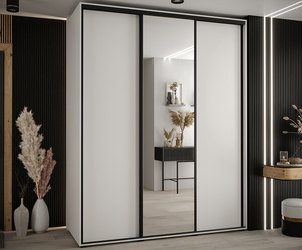 Šatní skříň s posuvnými dveřmi a zrcadlem DAVOS 190 cm | Bílá / černé pojezdy