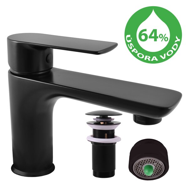 Spořící vodovodní baterie umyvadlová s výpustí click-clack VLTAVA ECO černá matná VTE427.0KCMAT Barva: černá matná, Rozměr: 3/8'', Povrchová úprava: Černá matná