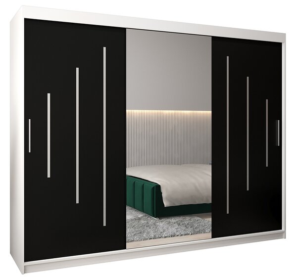 Šatní skříň s posuvnými dveřmi a dvoudílným zrcadlem YORK1 - 250x200cm -Bílá-Černá-