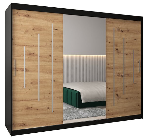 Šatní skříň s posuvnými dveřmi a dvoudílným zrcadlem YORK1 - 250x200cm -Černá-Dub Artisan-