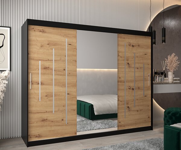 Šatní skříň s posuvnými dveřmi a dvoudílným zrcadlem YORK1 - 250x200cm -Černá-Dub Artisan-