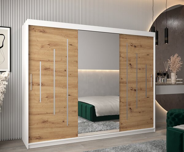 Šatní skříň s posuvnými dveřmi a dvoudílným zrcadlem YORK1 - 250x200cm -Bílá-Dub Artisan-