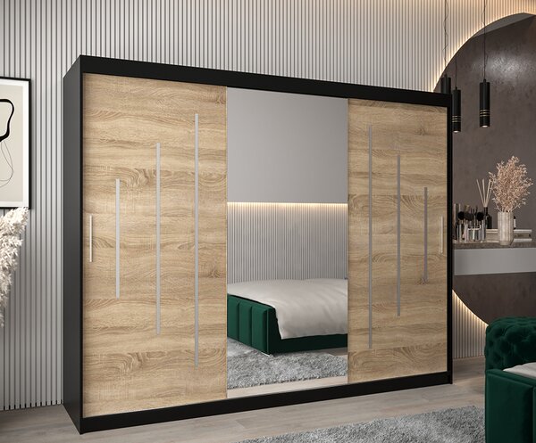 Šatní skříň s posuvnými dveřmi a dvoudílným zrcadlem YORK1 - 250x200cm -Černá-Dub Sonoma-