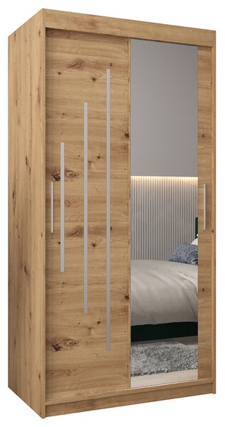 Šatní skříň s posuvnými dveřmi a zrcadlem YORK2 - 100x200cm -Dub Artisan-