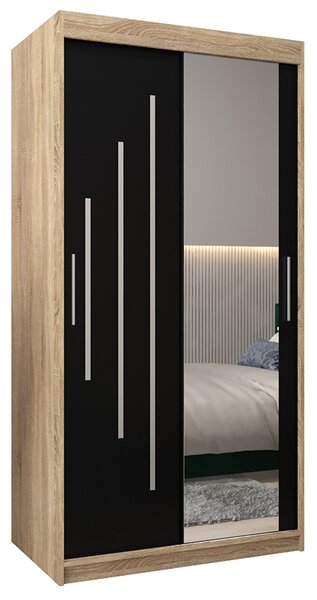 Šatní skříň s posuvnými dveřmi a zrcadlem YORK2 - 100x200cm -Dub Sonoma-Černá-