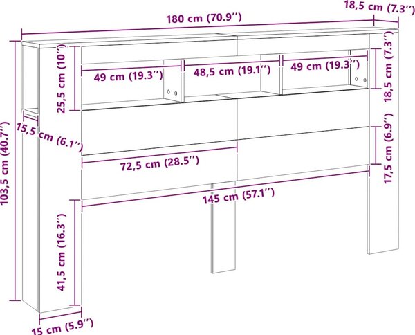 VidaXL Čelo postele s LED 180 x 18,5 x 103,5 cm kompozitní dřevo [857690] Barva: kouřový dub
