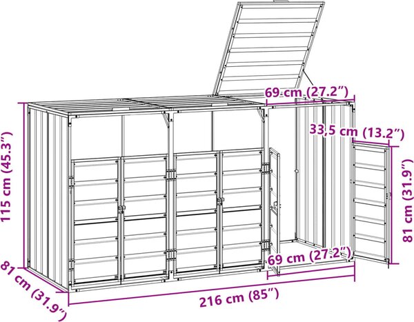 VidaXL Box na 3 popelnice 216 x 81 x 115 cm ocel [4006182] Barva: Hnědá