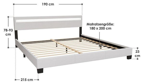 Moderní bílá čalouněná postel 180x200 s LED a roštem