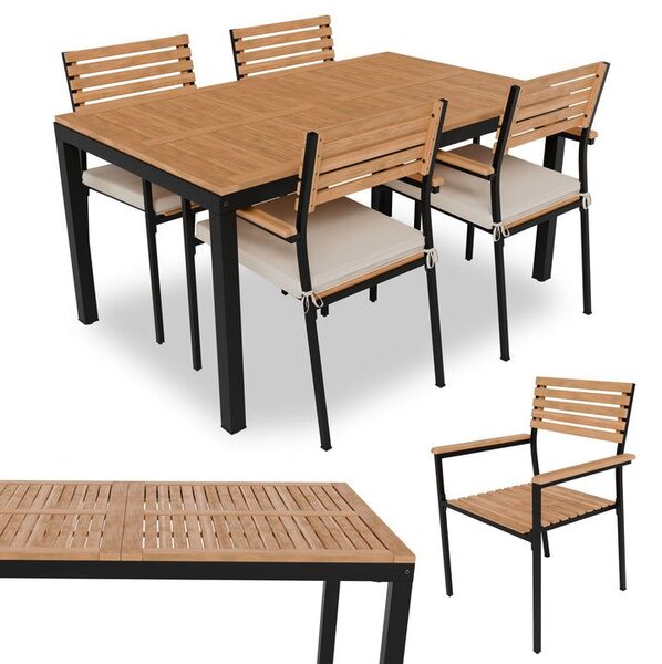 Zahradní set z akácie pro 4 osoby, černý kov, polstrování