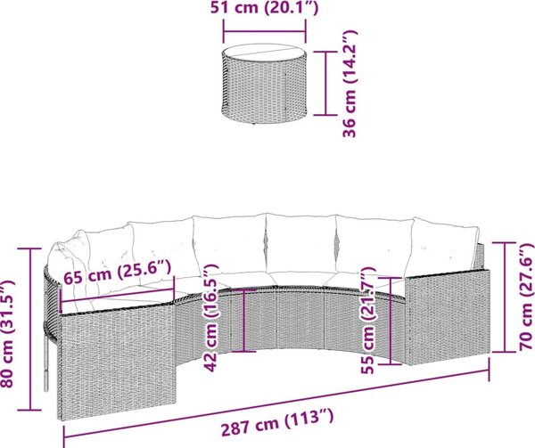 VidaXL Zahradní pohovka se stolem a podušky půlkruhová černá polyratan [3318519] Barva: béžová a světle šedá