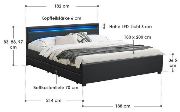 Postel 180x200 černá s LED a úložnými šuplíky