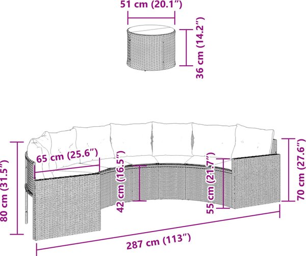 VidaXL Zahradní pohovka se stolem a podušky půlkruhová černá polyratan [3318519] Barva: béžová a světle šedá