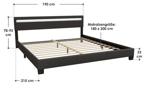 Moderní černá čalouněná postel 180x200 s LED a roštem
