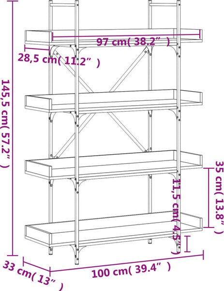 VidaXL Knihovna se 4 policemi 100 x 33 x 145,5 cm kompozit [837696] Barva: kouřový dub