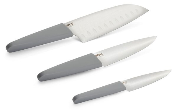 Sada 3 kuchyňských nožů 12/16/18 cm WOLL Cutting Edge – univerzální, kuchařský a santoku, šedá 887413 GR 00