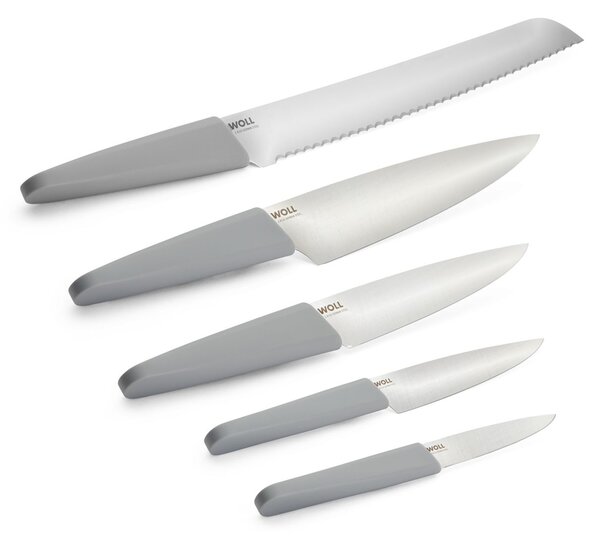 Sada 5 kuchyňských nožů 9/12/16/20/26 cm WOLL Cutting Edge – zeleninový, univerzální, 2 kuchařské a na chléb, šedá 887415 GR 00