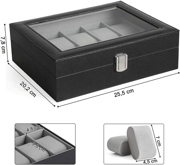 SONGMICS Pouzdro na 10 ks hodinek černé 25 x 7 x 20 cm