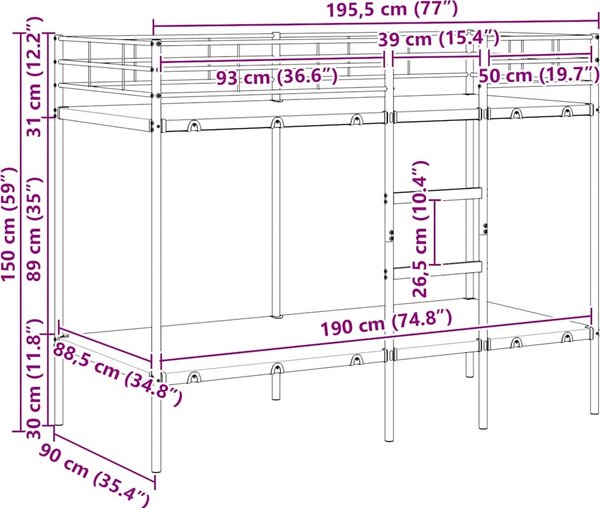 VidaXL Patrová postel bez matrace 90x190 cm ocel [42000328] Barva: Černá