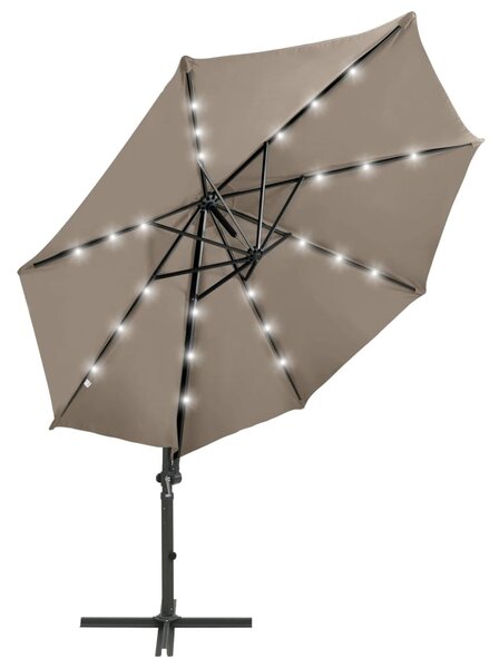 Boční zahradní slunečník s tyčí a LED světly taupe 300 cm