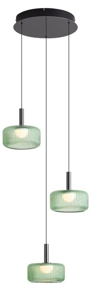 Designové závěsné svítidlo Fiera, kovově šedé se zeleným sklem, 3-světelné, s LED a 3-stupňovým stmíváním