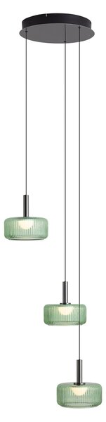 Designové závěsné svítidlo Fiera, kovově šedé se zeleným sklem, 3-světelné, s LED a 3-stupňovým stmíváním