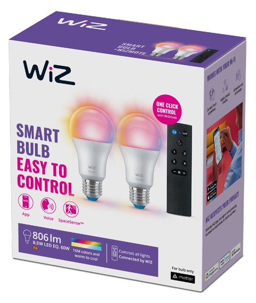 WiZ SET 2x LED žárovka E27 A60 8W (60W) 806lm 2200-6500K RGB IP20, stmívatelná + ovladač