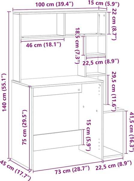 VidaXL Psací stůl s policemi 100x45x140 cm kompozitní dřevo [860440] Barva: Bílá