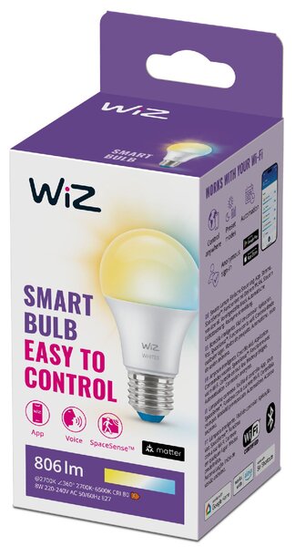 WiZ LED žárovka E27 A60 8W 806lm 2700-6500K CRI80 IP20, stmívatelná