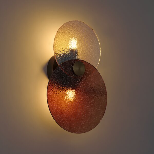 Nástěnná lampa Art Deco tmavý bronz s jantarovým sklem, 2 světla - Text