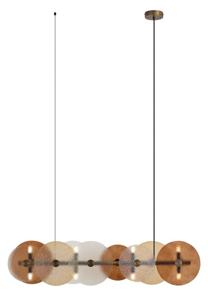 Art Deco závěsná lampa bronzová s jantarovým sklem, 8 světel - Text
