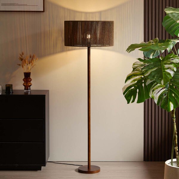 Stojací lampa z ořechového dřeva s hnědým stínidlem z papírového provazu 50/50/25 - Mels