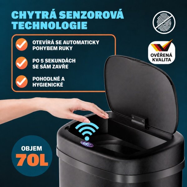 Bezdotykový Jumbo odpadkový koš 70l černá USB kabel zdarma