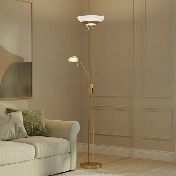 Lindby LED stojací lampa Yveta, mosaz, kov, stmívatelná, 183cm, stmívatelný, Mosaz / zlato, Obývací pokoj / jídelna, kov, Moderní, Lampička na čtení