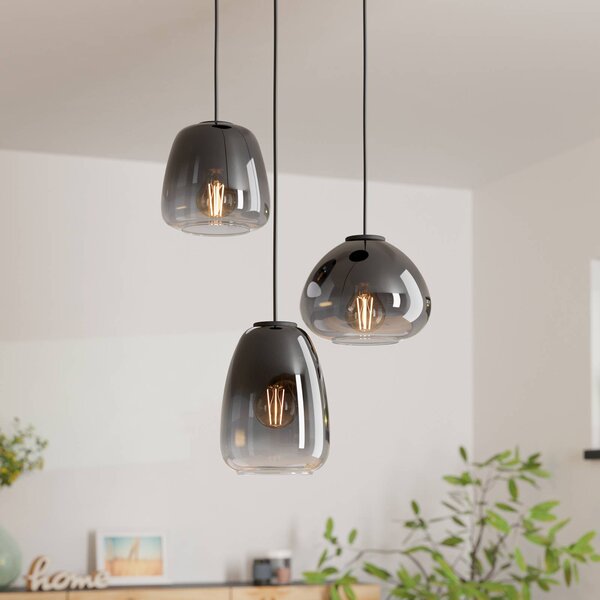 EGLO Závěsné svítidlo Aguilares, kouřové sklo, 3 světelné rondelky, stmívatelný, Hliník / šedá / zinek, Obývací pokoj / jídelna, Sklo, Moderní