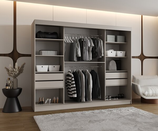 Šatní skřín s posuvnými dveřmi a zrcadlem ULTRA 250cm kašmírová