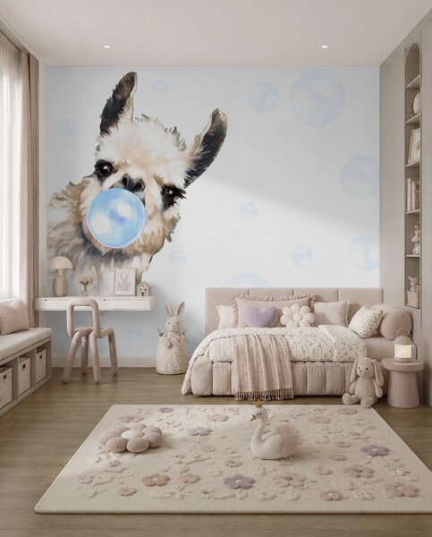 Fototapety Veselá lama a modré bubliny, Fototapety dětské, u98952v1 : uwalls.cz