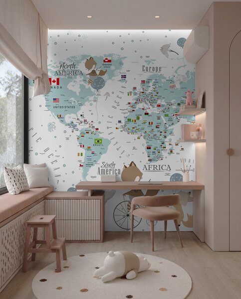 Fototapety Dětská mapa světa se zvířaty, Fototapety mapy světa, Fototapety dětské světové mapy, u99228 : uwalls.cz