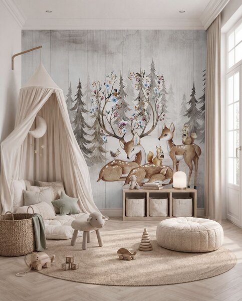 Fototapety Akvarelový les se soby, Fototapety dětské, Fototapety dětské les, u98679 : uwalls.cz