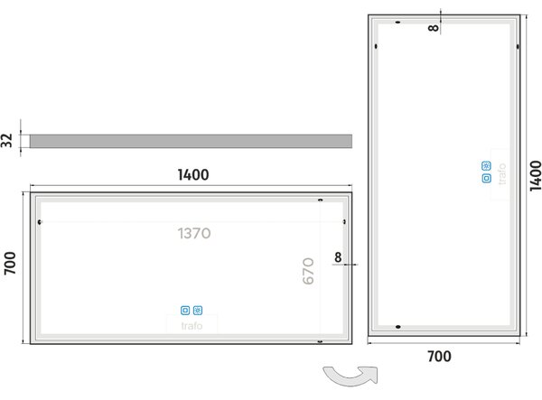 Bílé LED zrcadlo 1400x700 se dvěma dotykovými senzory