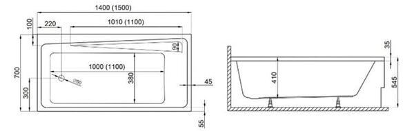 Polimat Akrylátová obdélníková vana Elza 140x70 (150x70, 160x75, 170x75) Barva: Bílá, Rozměry (cm): 140x70
