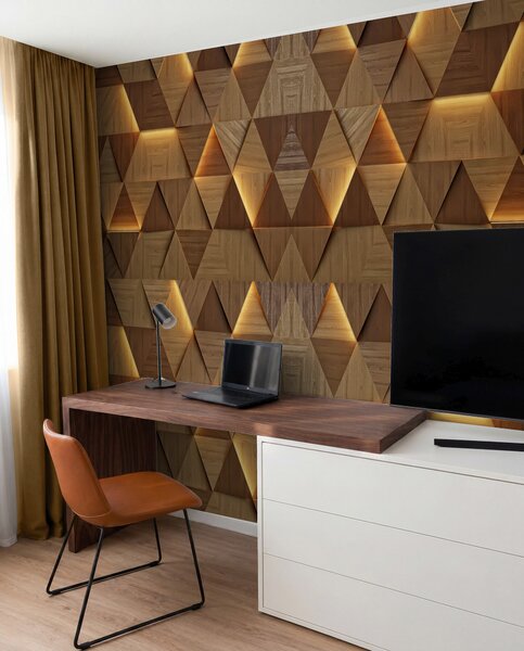 Fototapety Klasické dřevěné trojúhelníky s 3D osvětlením, Fototapety 3D, Fototapety 3d geometrické tvary, u99280 : uwalls.cz