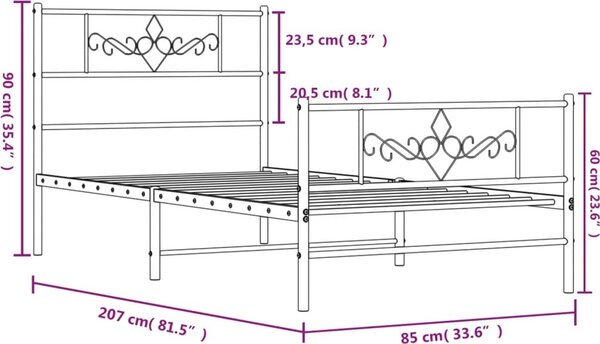VidaXL Kovový rám postele s hlavovým a nožním čelem 80 x 200 cm [355276] Barva: Černá