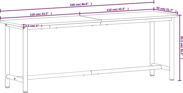 VidaXL Pracovní stůl 220 x 55 x 81,5 cm masivní bukové dřevo a kov [3188908]