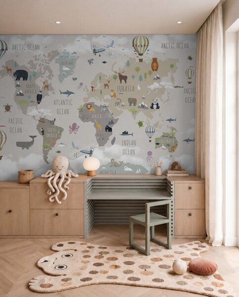 Fototapety Mapa světa se zvířaty a balónky, Fototapety mapy světa, Fototapety dětské světové mapy, u96461d2 : uwalls.cz