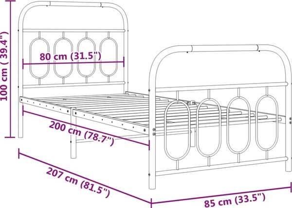 VidaXL Kovový rám postele s hlavovým a nožním čelem 80 x 200 cm [377126] Barva: Černá