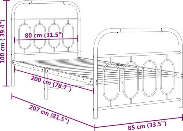 VidaXL Kovový rám postele s hlavovým a nožním čelem 80 x 200 cm [377126] Barva: Černá